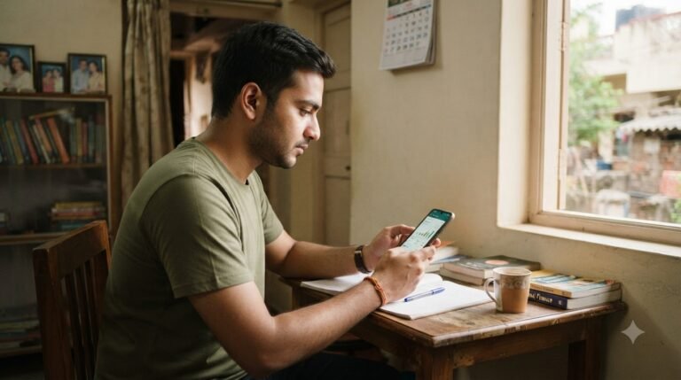 Young man reviewing his SIP investment journey on a mobile app at home