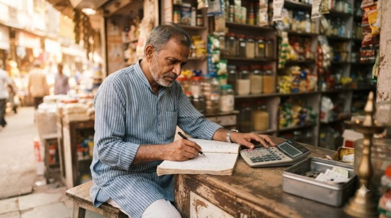 small Indian shopkeeper calculating income tax Section 44AD