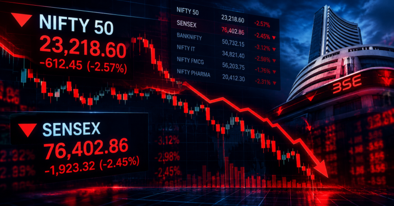Indian stock market crash 2026 Nifty 50 falling chart with red candlesticks