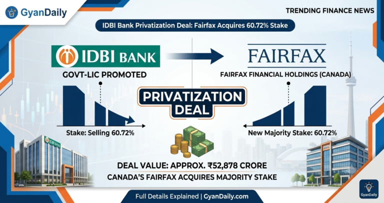IDBI Bank Privatization Deal: Fairfax Financial Holdings Acquires 60.72% Stake. Infographic summarizing the takeover details by GyanDaily.